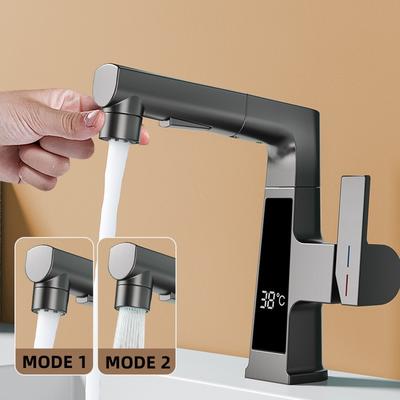 Baterie de baie extractibilă cu afișaj digital, senzor inteligent de temperatură, baterie de lavoar din alamă, apă rece-caldă, baterie de chiuvetă cu ridicare, robinet mixer pentru chiuvetă