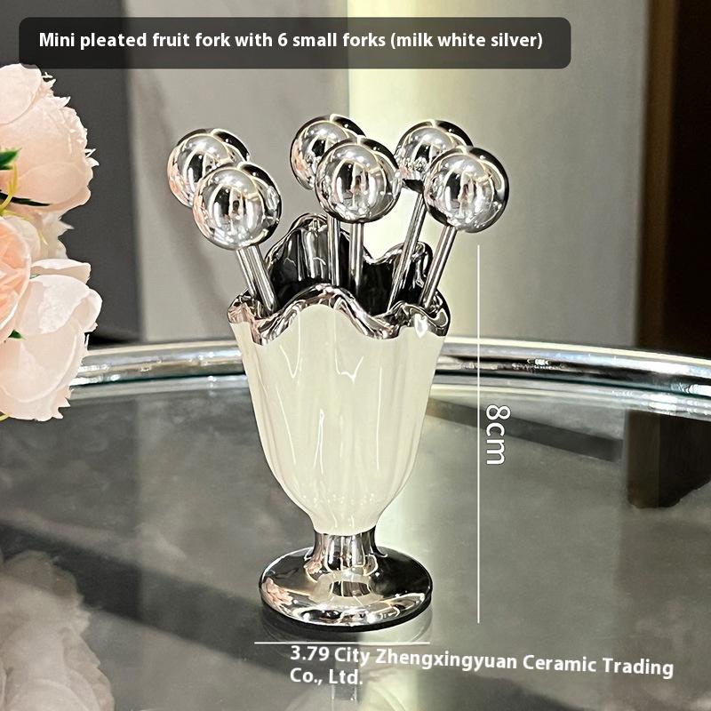 6Pcs New Stainless Steel Fruit Forks Set INS Ceramic Jar Dessert Forks with Holder Light Luxury Home Decoration