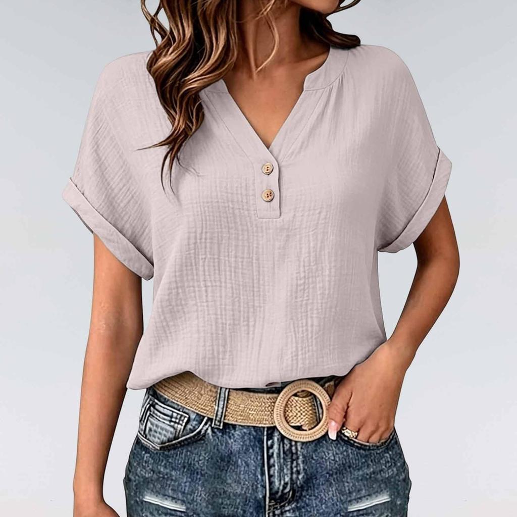 Women's V-Neck Short Sleeve Button Front Crinkle Fabric T-Shirt with Rolled Hem