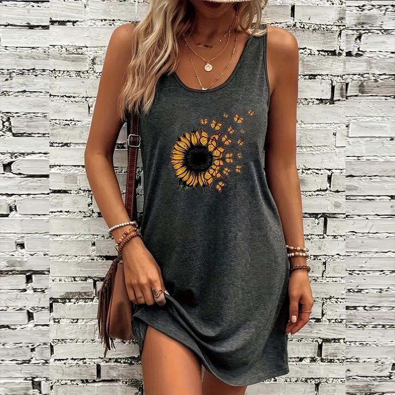 

Женское платье без рукавов с круглым вырезом и принтом подсолнухов, свободное, мягкое и удобное, большого размера 7XL серый