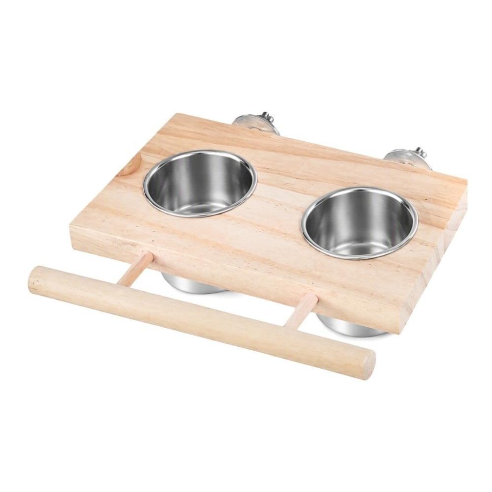 Double Bowl Bird Feeder Accessory Wooden Perch Stainless Steel Food Cup  For Parakeets