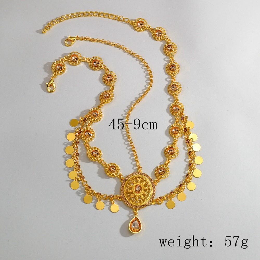 Style Arabic Rhinestone Gold Headpiece With Floral And Tassel Detail For Wedding