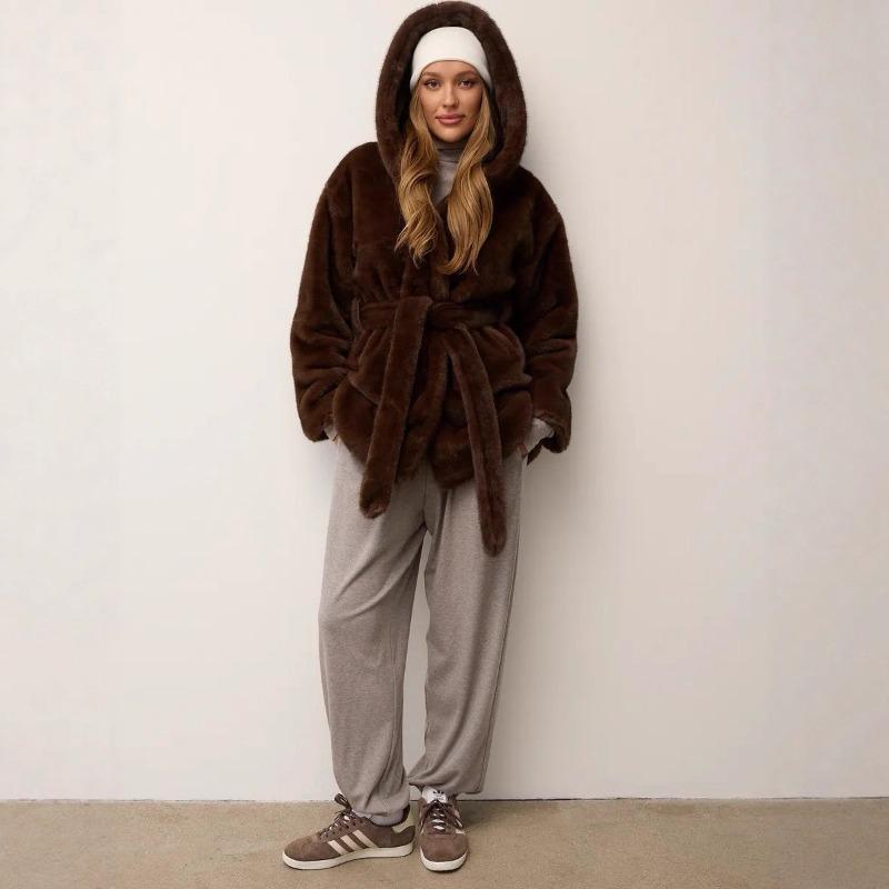 Women Mid Length Hooded Belted Faux Mink Fur Winter Overcoat