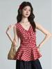 Women's Red Plaid Sleeveless V-neck Shirt Vest with Pleated Waist and Chic Korean Style for Summer 2026