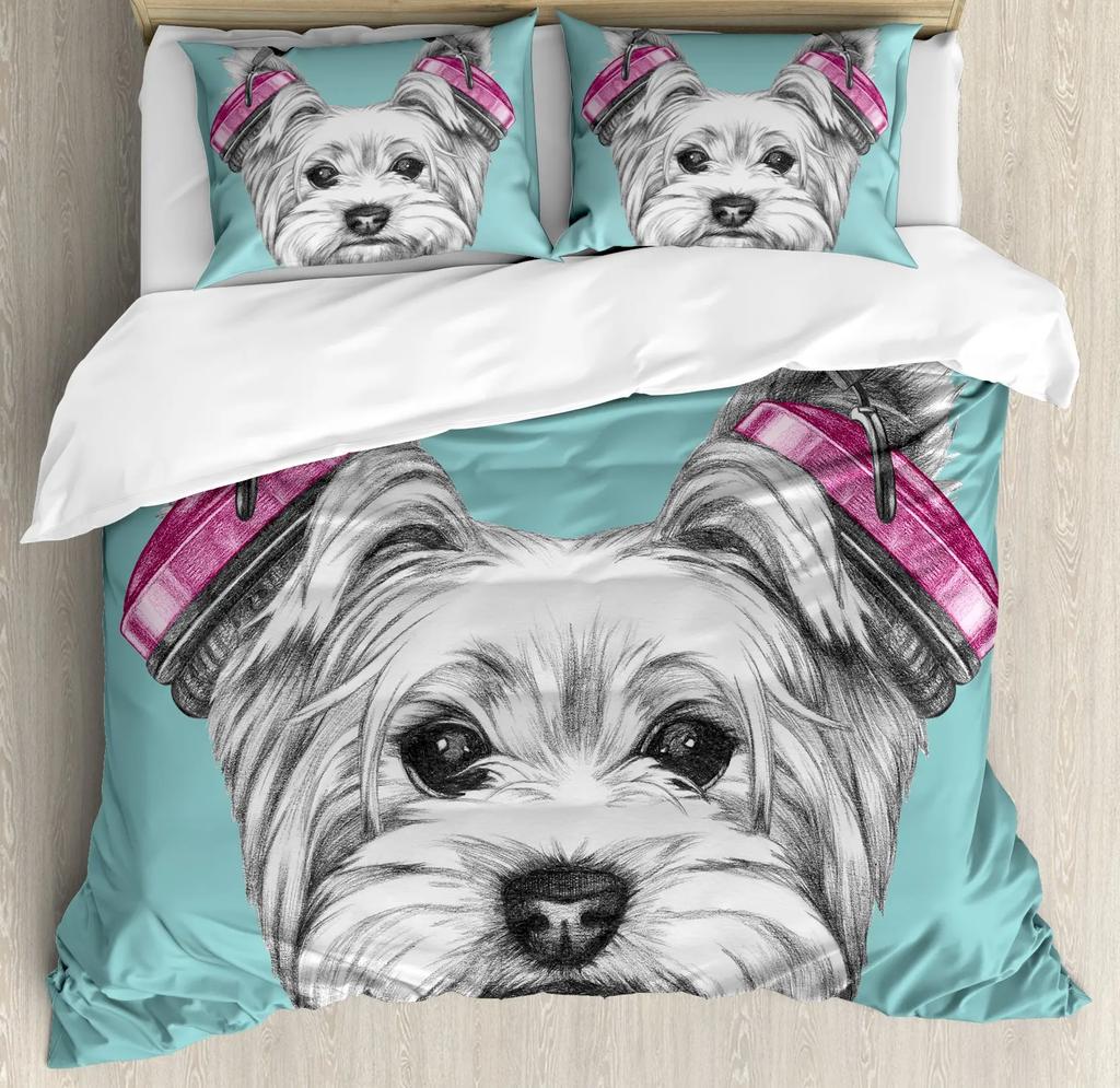 Комплект підковдри Yorkie Собака з навушниками Музика 3 шт. Постільна білизна для дітей Дівчаток Хлопчиків Розмір Кінг Тема цуценяти М'який чохол для ковдри