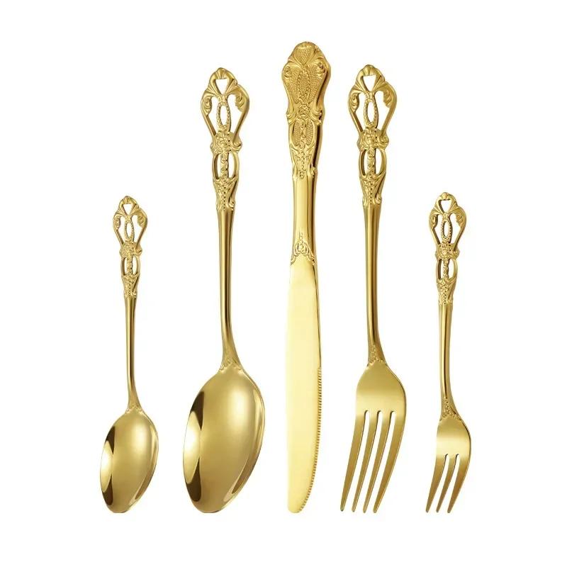 European Style Stainless Steel 4pcs Dinnerware Set - Retro Hollow Design Gold Spoon, Fork and Royal Steak Knife for Home Decor