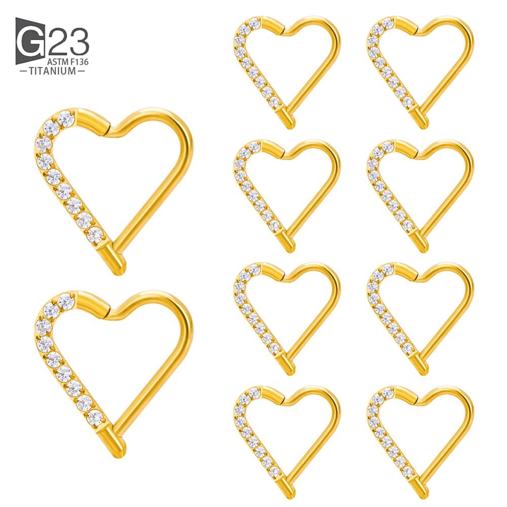 10Pc ASTM F136 Titanium Daith Heart Earring Hoop Cartilage Tragus Helix Rings Hinged Segment Hoop with Clear CZ