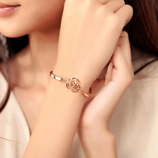 Women Golden Flower Crystal Rose Bangle Cuff Chain Bracelet Chic Jewelry Present