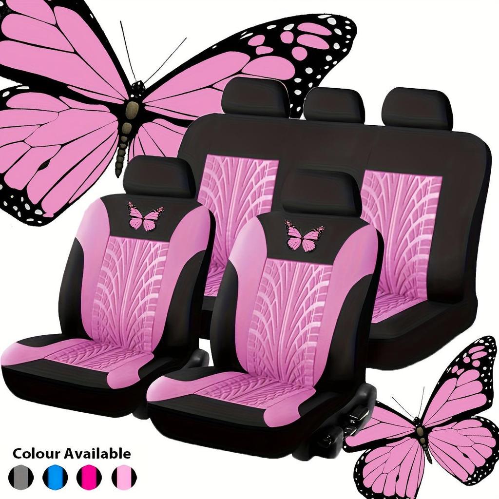 Butterfly Fabric Car Seat Cover Set, Universal Fit, Heat Transfer Design, 5 Seats, 9 Pieces, for Middle East, Europe & America.