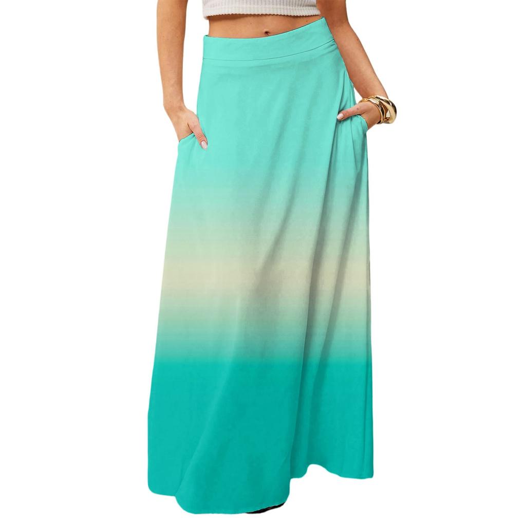 Damska codzienna rekreacyjna składana spódnica maxi z wysokim stanem, z kieszenią, drapowana, o swobodnym kroju, długa, z gradientowym nadrukiem