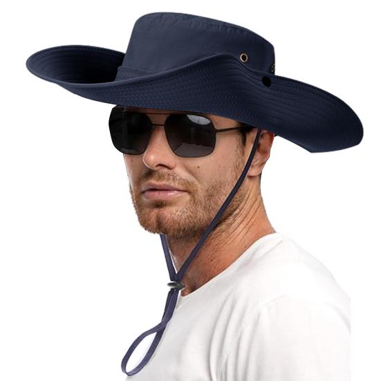 Men Fisherman Hat Flat Top Wide Brim Breathable Sun Hat Adjustable Windproof Drawstring Sun Protection Hat