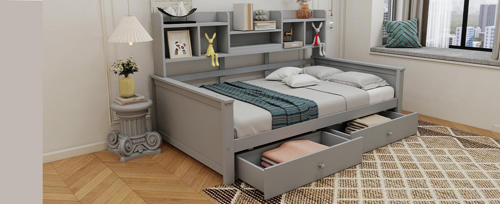 Schlafsofa 90x200, Schubladen und Regale, Lattenrost, Kinderbett, Jugendbett, Einzelbett, Massivholzbett Grau