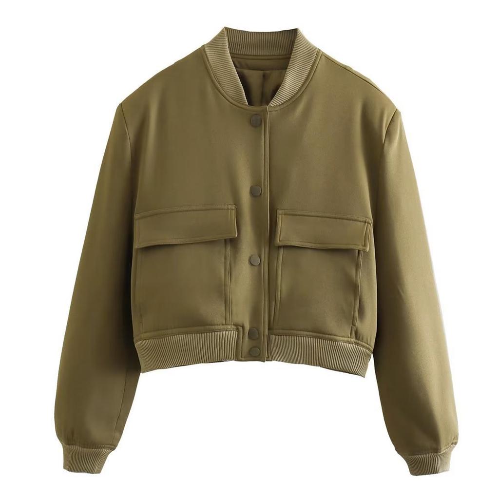 Ladies' Fashion Large Pocket Short Long Sleeve Button Jacket Coat