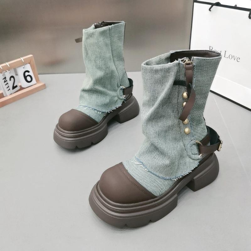 Western denim cloth pants tube boots knight martin boots women's autumn and winter short boots children thick heel