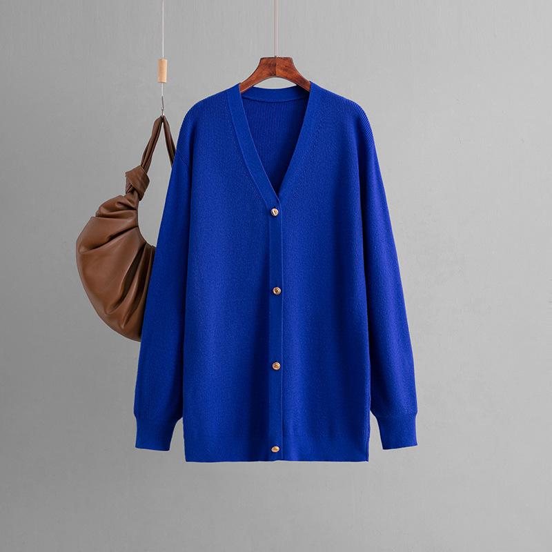 Women's Spring Autumn V-Neck Full Sleeve Single Breasted Loose Solid Color Middle Long Sweater Cardigan