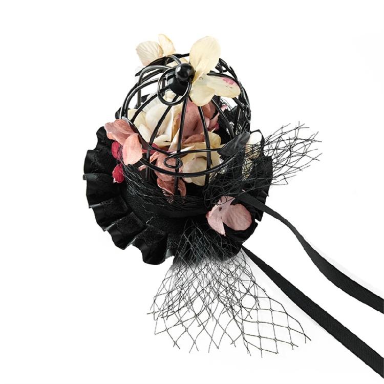 Dark Series Birdcage Miniature Hat Hair Pin with Flower Decors Vintage Headpiece For Wedding and Special Occasion