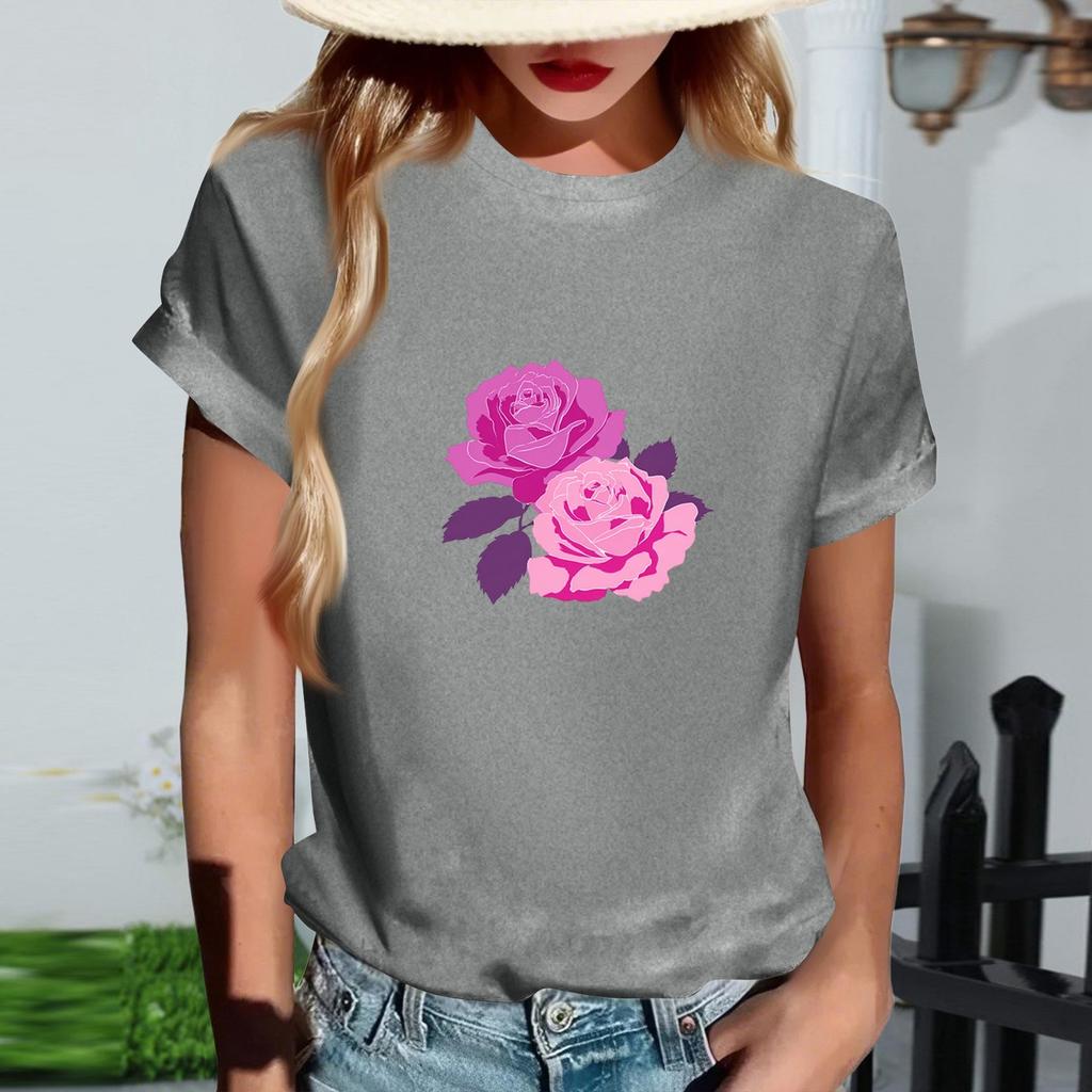Women's Fashionable Round Neck Casual Retro Print Short Sleeved T-shirt Top