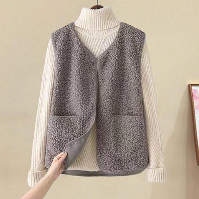 Winter Women Layering Vest Coat Thin Padded Press Button Closure V Neck Thin Plush Sleeveless Solid Color Heat Retention Outdoor Jacket