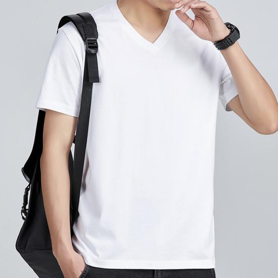 Men Tops Pure Color V-Neck Short Sleeve Tee Shirt Loose Fit Thin Breathable