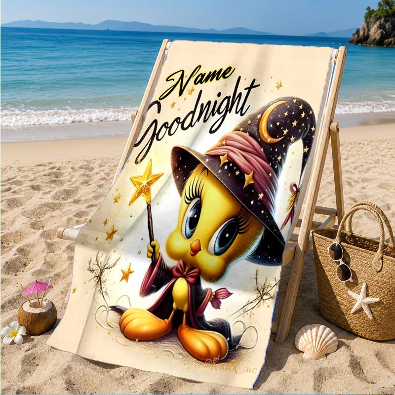 Custom Name Good Night Yellow Bird Heart In Space Adventure Microfiber Beach Towel, Lightweight for Summer Travel, Swimming Pool Fan Gift