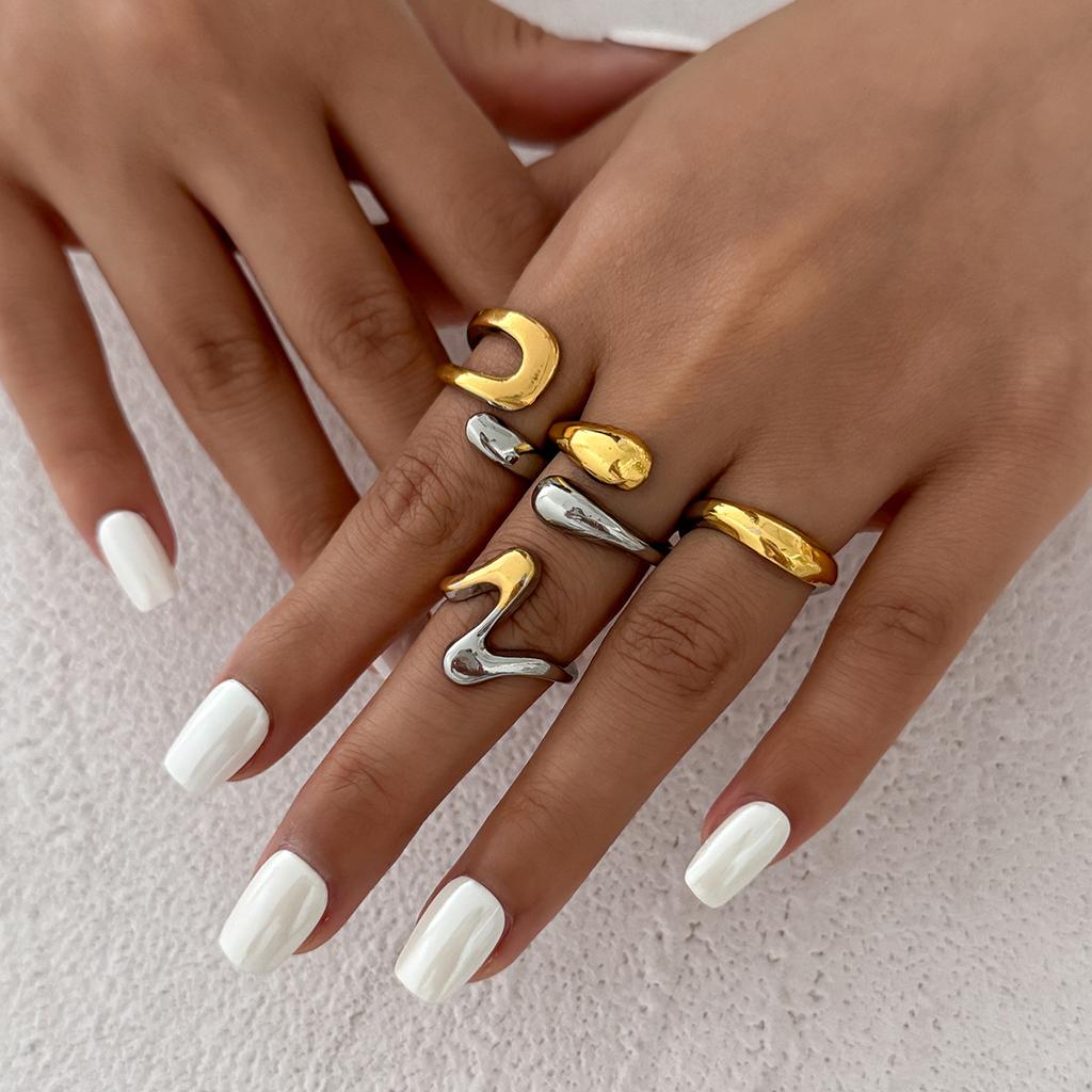 Landscape Water Droplets Hug Open Ring, Liquid Metal Pleated Irregular Crossed Ring