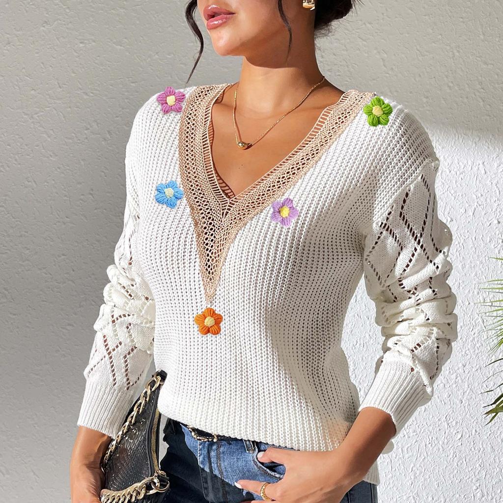 Women's Loose Casual Lace V Neck Long Sleeved Knitted Pullover Sweater Top Sweater Top
