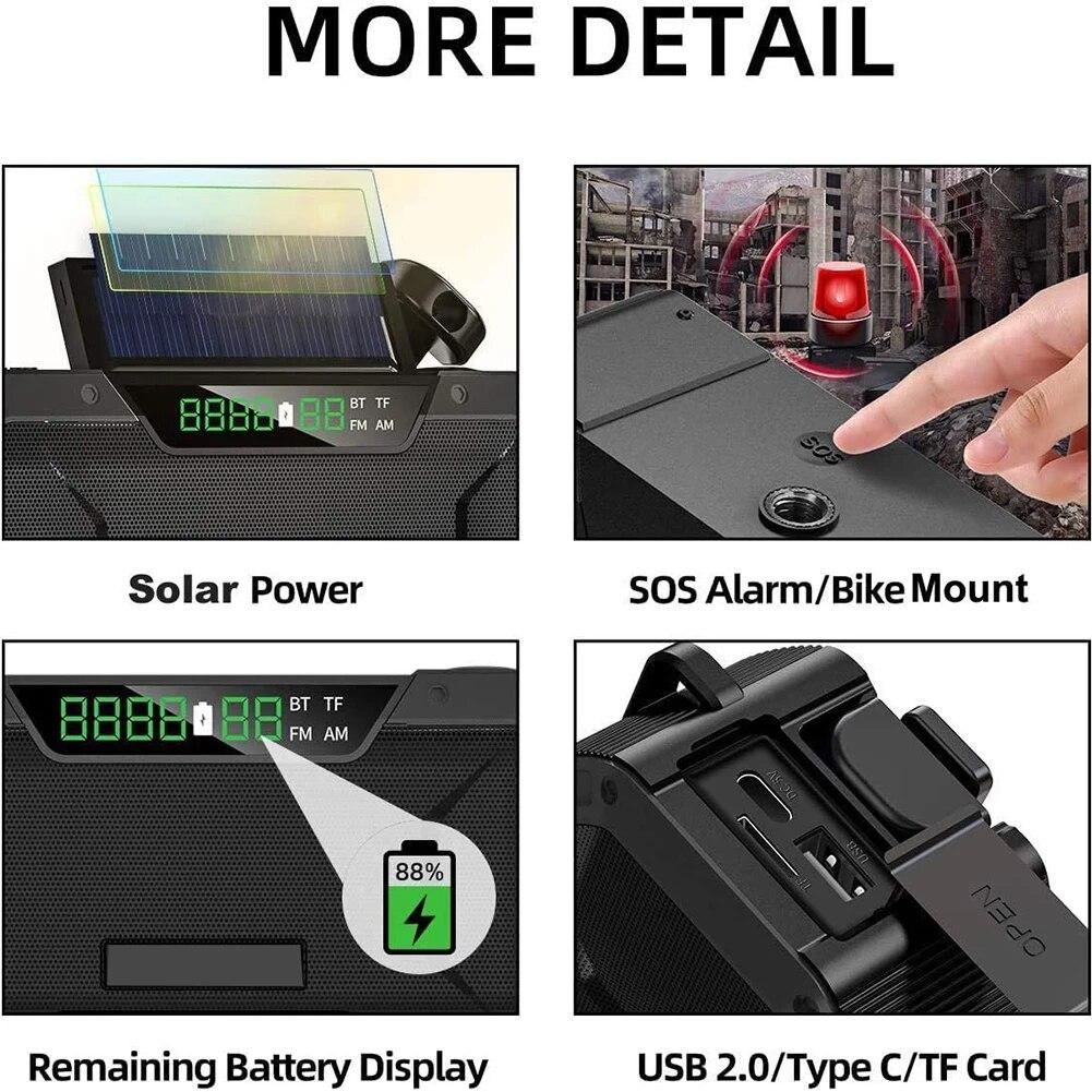 Radio de emergencia AM/FM, Radio de manivela con energía Solar y linterna LED, Banco de energía de 5000mAh, cargador de teléfono, altavoz Bluetooth 5,0