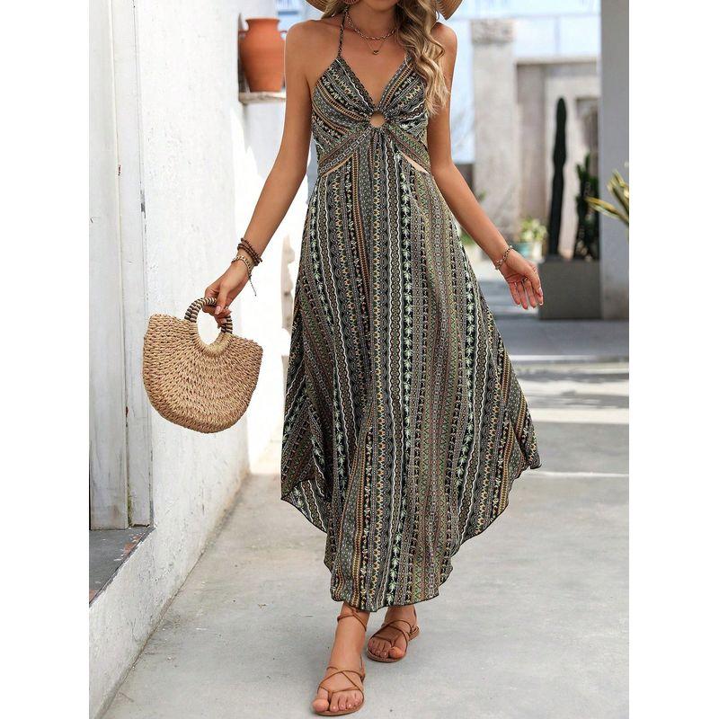 

Летнее новое платье в богемном стиле, европейско-американское, с V-образным вырезом, полосатым принтом, полым вырезом на шее, открытой спиной на бретелях, для отпуска 130701 green flowers S