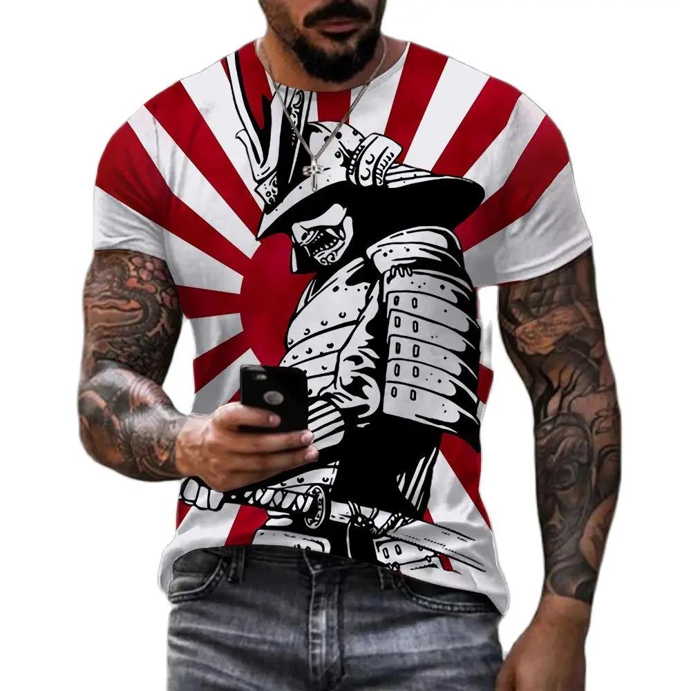 Summer Trend Retro Japanese Samurai Pattern T-shirt Personality Men's T-shirt Harajuku Round Neck Short Sleeve Top T-shirt