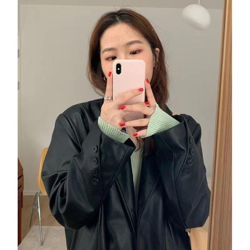 Women's Loose PU Jacket with Vintage Style and Large Cut In Black and Brown