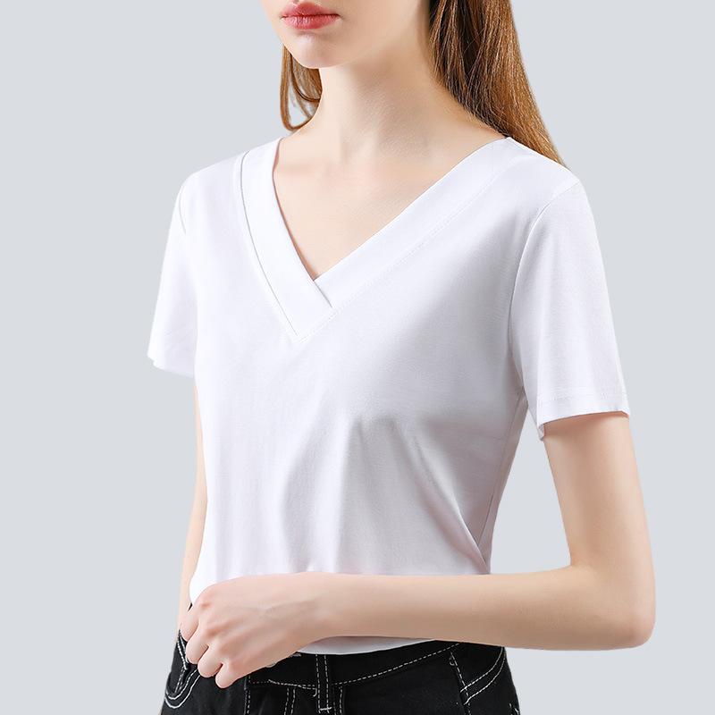 Double-sided Mercerated Cotton T-shirt for Women's New Summer Women's Cool Short-sleeved Pure Cotton T-shirt Sexy Deep V Top