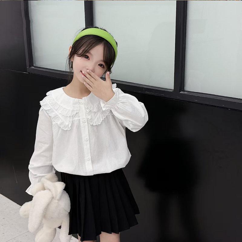 2024 Spring/Autumn Girls' White Cotton Shirt, Turn-Down Collar, Fashionable Student Top