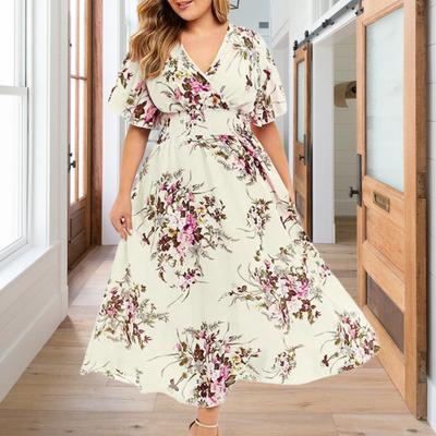 Women Dress V Neck High Elastic Waist Flower Printing A-line Big Hem Ruffle Sleeves