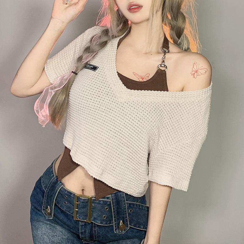 

Летний женский однотонный облегающий жилет в европейском и американском стиле с открытым пупком, модный жилет с подвесным воротником, комплект из двух предметов с короткими рукавами S коричневый