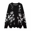 Oversized Knit Sweater With Floral Jacquard Distressed Rose Design Long Sleeve Unisex Pullover Streetwear