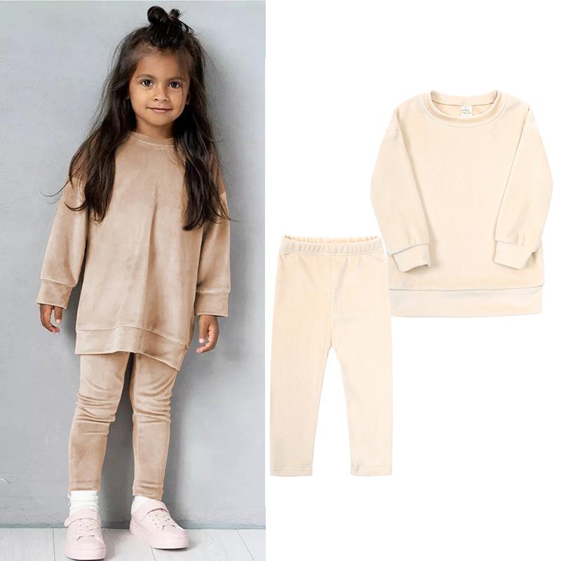 Autumn Winter Kids Girlcasual Gold Velvet Two-piece Set Long Sleeve Pants Solid Clothes for Infant Toddler Pullover Sweatshirt Set Teenage Outfits