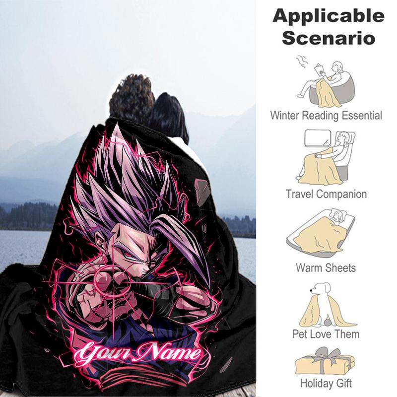 1PC Custom Name Super Saiyan Power flannel blanket versatile, all-season throw suitable for the living room, bedroom, camping, travel, and gift