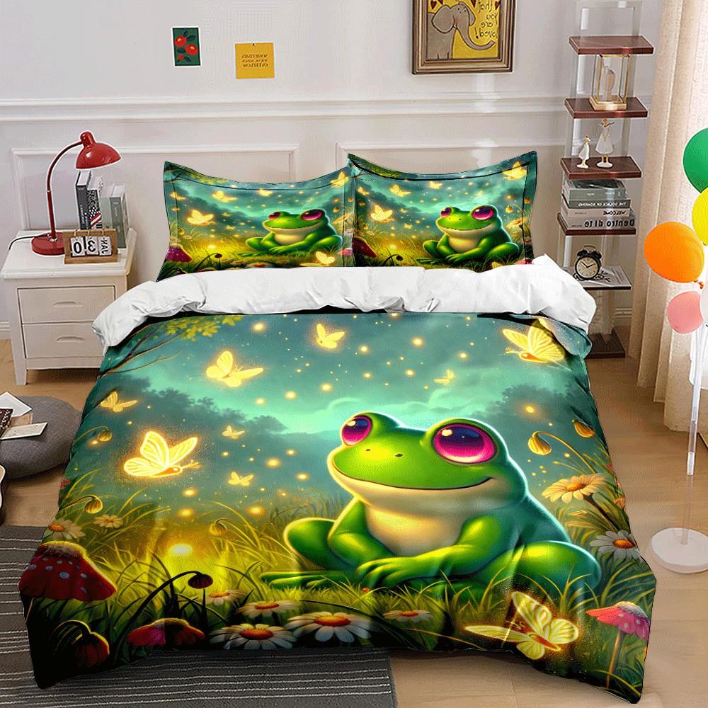 Verspieltes Frosch-Nachtgarten-Set Exquisites Dreiteiliges Bettwäsche-Set Geschenk für Kinder und Erwachsene