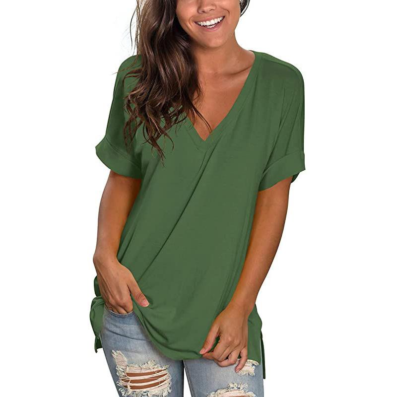 Women Fashion V-neck  Loose Lengthen Cotton Casual Short Sleeves Crop Top Solid Color Simple T-shirt