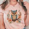 Flowers Owl T-shirt Floral Design, Blue and Orange Owl Botanical Plant Pattern, Bohemian Shirt Owl Design, Gift For Owl Lovers Boho Style