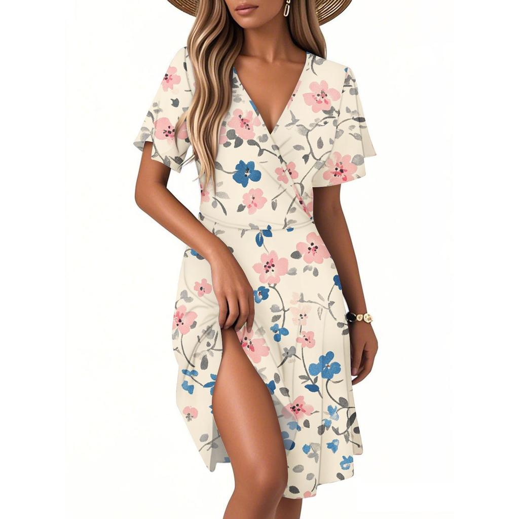 Women's Casual Fashion Dress Vintage Floral Floral Short Sleeve V-neck Dress