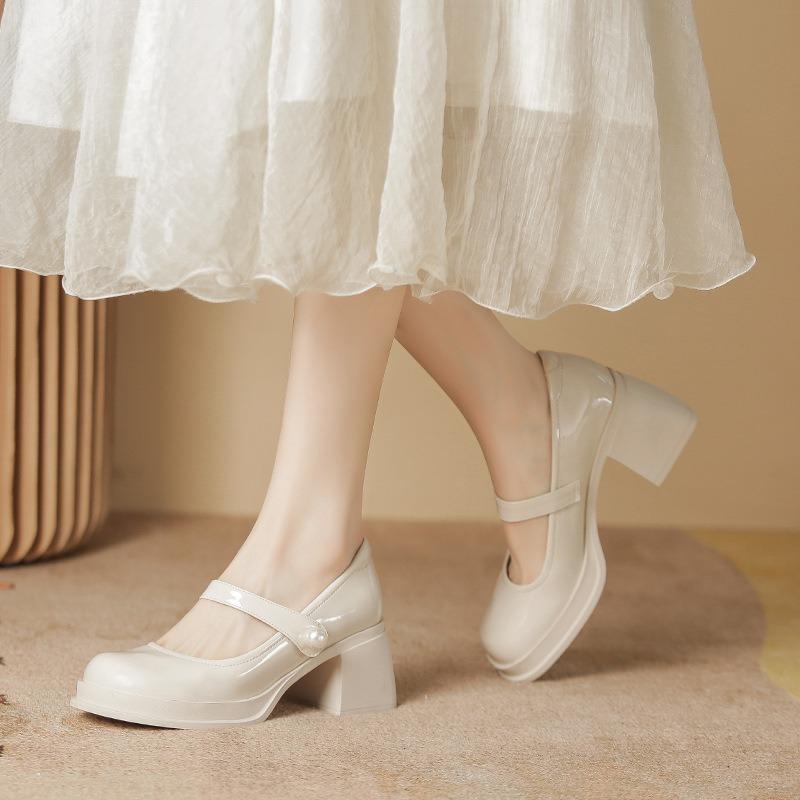 Mary Jane high heels spring and autumn word with pearl square head patent leather temperament thick heel platform single shoes