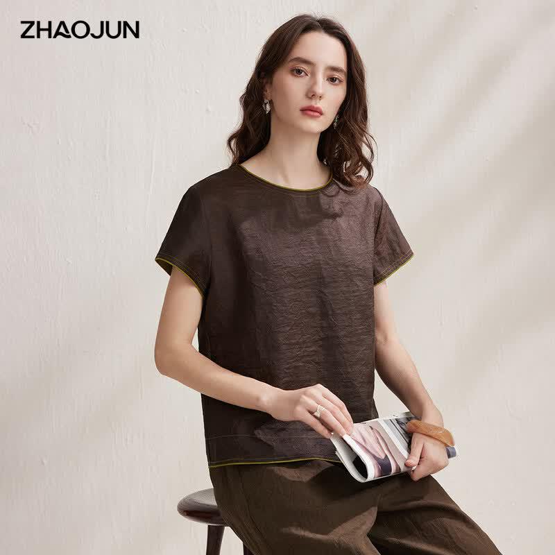 Zhaojun 2026 Summer Heavy Mulberry Silk Contrasting Ribbon Short-Sleeve Top 2XL