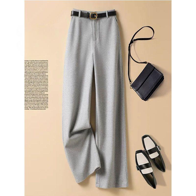 Grey Fashion Woolen Pants, Women's High Waisted Suit Trousers for Autumn and Winter