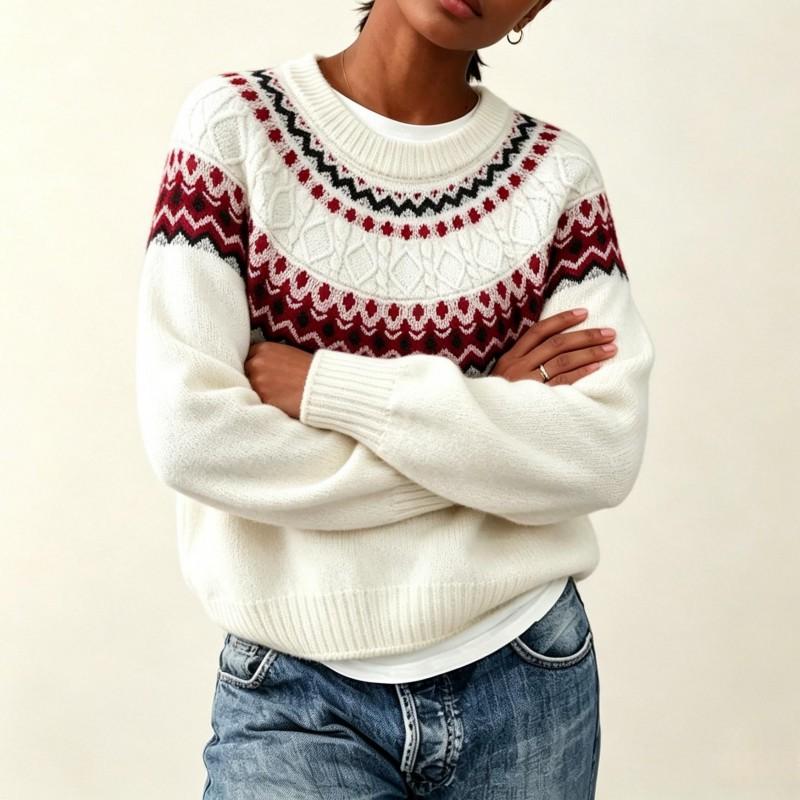 Womens Oversized Knit Sweater With Fair Isle Round Neck Long Sleeve Loose Fit Fall Winter Casual Top