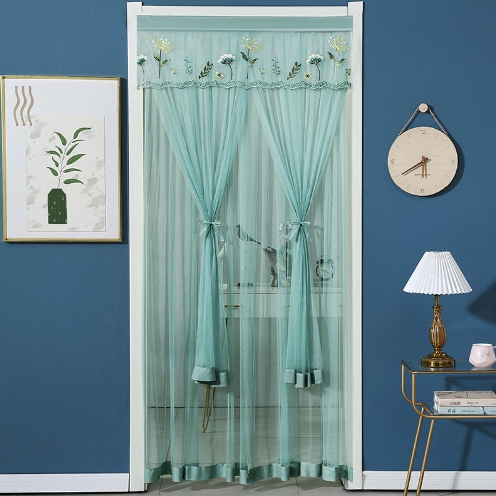 Punching Free Lace Embroidered Door Curtain Double Layer Door Drapes Entrance Curtain  Girl Room