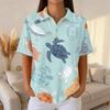 Women’s Casual Short Sleeve Knit Collared Shirt with Hawaiian Style Turtle Print Button Down Summer Top