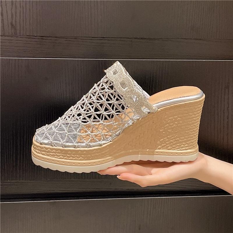 New Hollow-out Breathable Rhinestone Mesh Yarn Baotou Half Slippers Women's Summer Wear Platform Platform Fishing Net Shoes