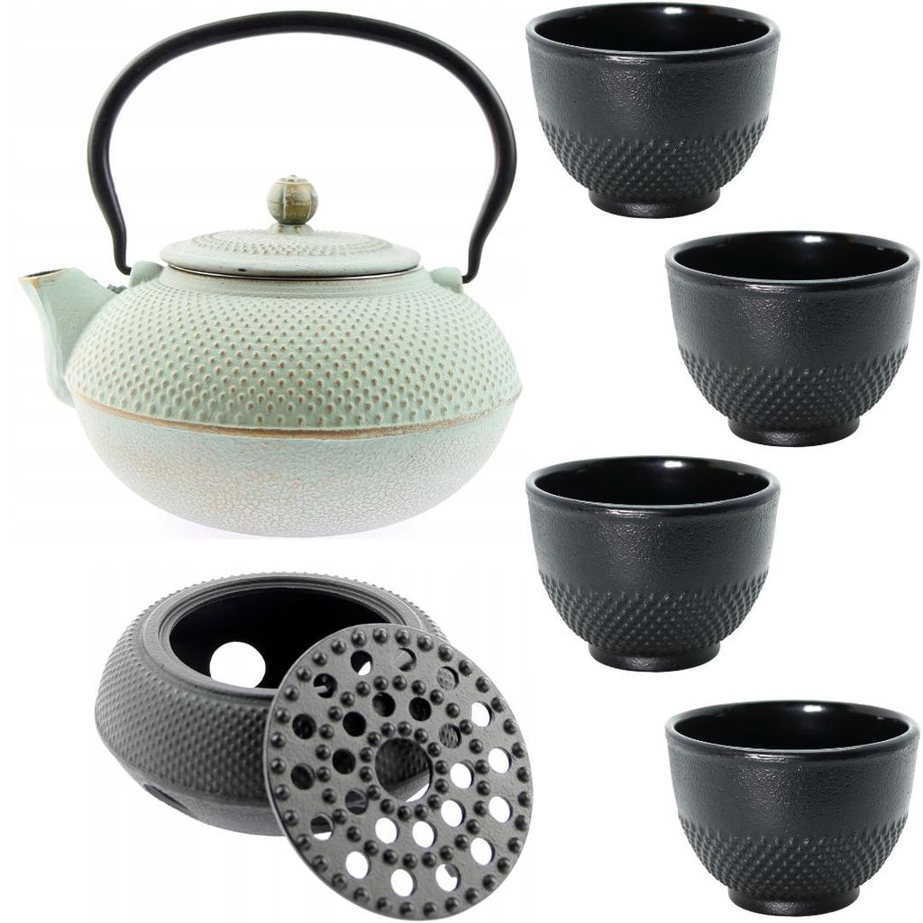 CAST IRON KETTLE 1.5L TEA POT WITH TEA INFUSER + 4x CUPS WARMER
