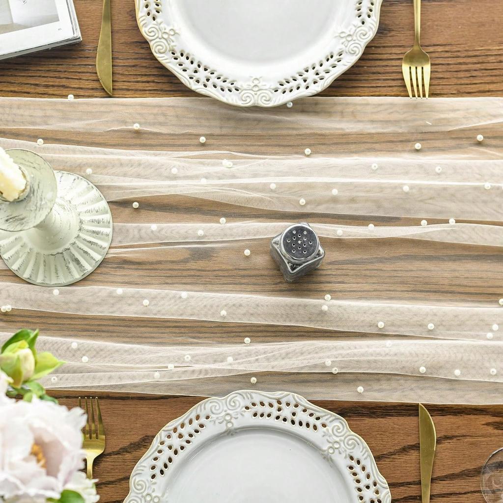 Luxurious Pearl Tulle Table Runner, 120 Inches Seasonal Tulle Table Decoration Suitable For Holidays Weddings  Birthdays  Family Gatherings.